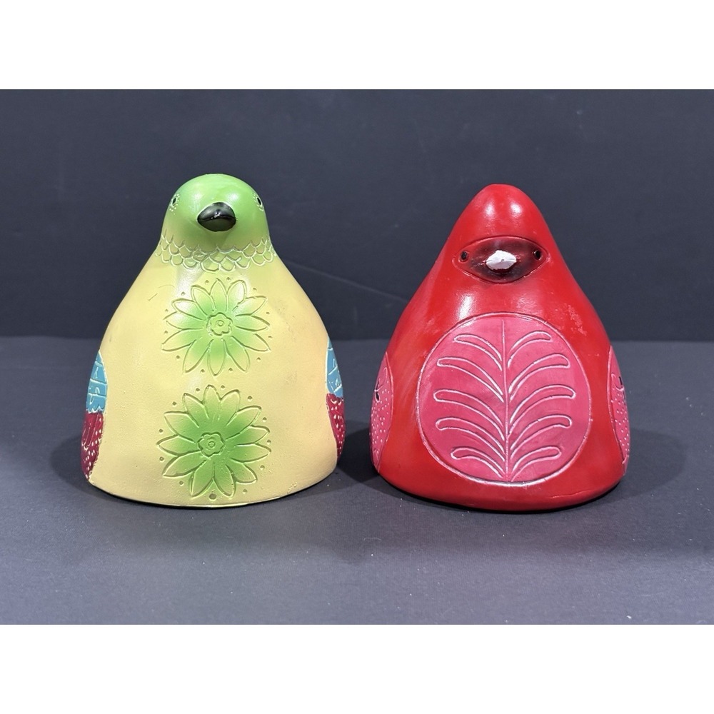 Colorful Hand-Painted Ceramic Bird Figurines Set Red & Yellow Flower Pattern